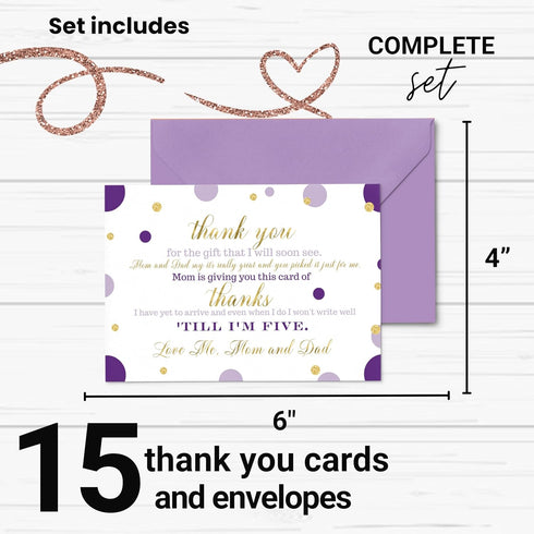Paper Clever Party Purple and Gold Baby Shower Thank You Cards with Envelopes - Blank Notes with Prefilled Message - Personalize for Girls Gifts -...