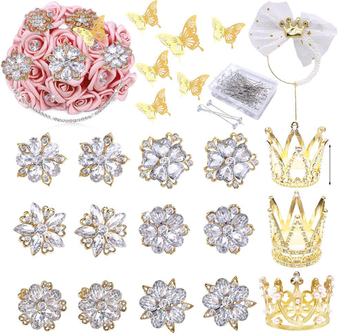Rhinestone Brooches for Crafts, Flower Bouquet Accessories,Corsage Pin Diamond Pins kits for Wedding Accessories Jewelry Decoration DIY Craft Supp...