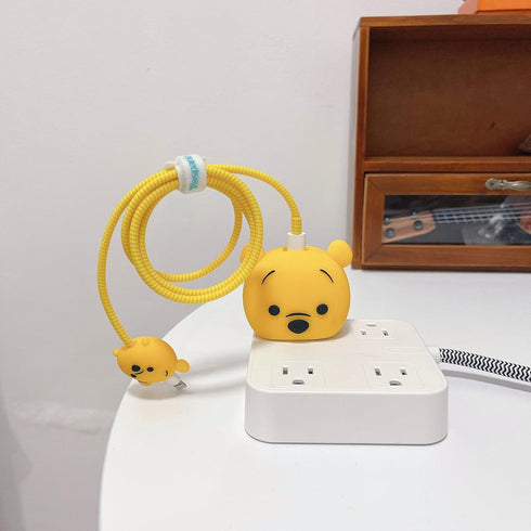 3D Cute Cartoon Charger Protector Case - Compatible for Apple 20W USB-C Power Adapter and Lightning Cable (Yellow Winnie)...