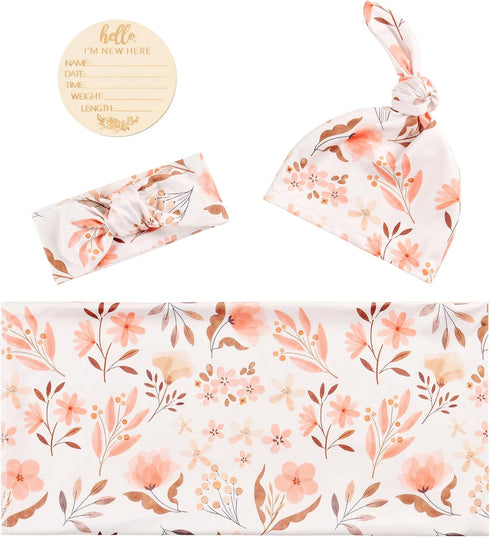 Newborn Baby Snug Wrap Baby Girl Receiving Blanket Swaddle Blanket with Headband Beanie Set and Name Card (Orange Floral)...