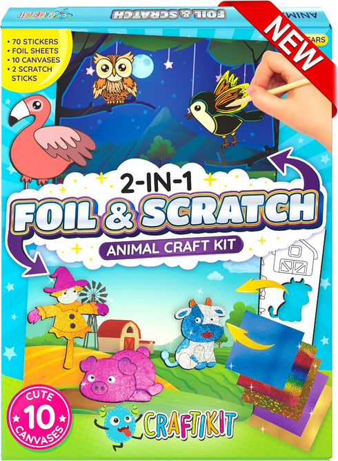Craftikit ® Animal Foil Art & Rainbow Scratch Art for Kids - 2-in-1 Arts and Crafts Kit for Kids Ages 4-10 - Gifts for Girls, Boys & Toddlers Ages...