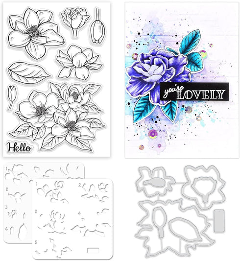 Realistic Magnolia Flower Stamps and Die and Layering Coloring Stencil Bundle for Card Making Album Arts Crafts Supplies...