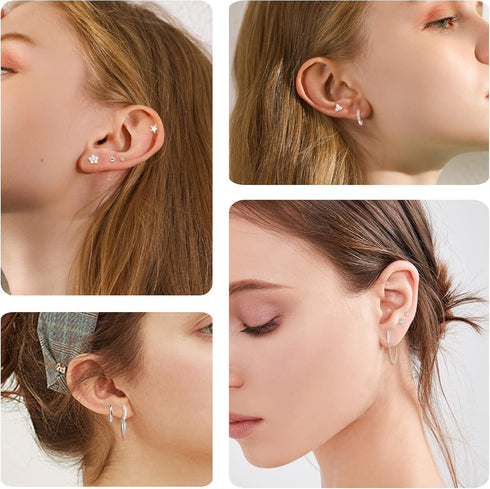 Sanfenly 14 Pairs Studs Earrings and Hoops Set Silver Gold Plated Dangle Chain Earrings Mini Ball CZ Moon Star Flower Studs Huggie Hoop Earring fo...