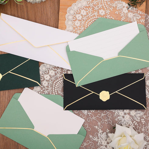 50 pcs Sage Green Business Envelope with V-Flap, Gold Border & Golden Sticker, 10 Self Adhesive Envelopes for Office, Checks, Letter Mailing, Invo...