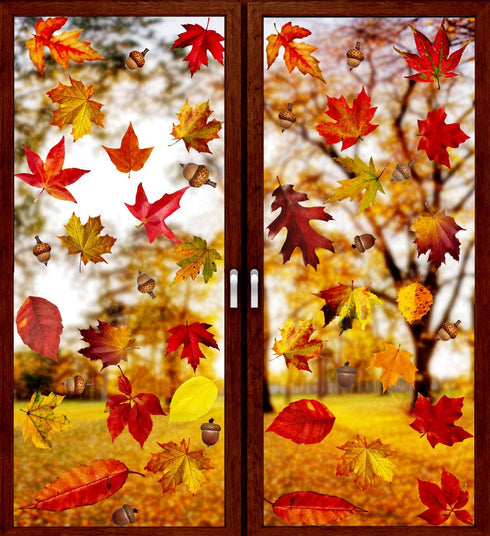 VEYLIN 6 Sheets 200Pcs Thanksgiving Window Clings, Autumn Maple Leaves Window Static Stickers for Thanksgiving Day Window Decoration...