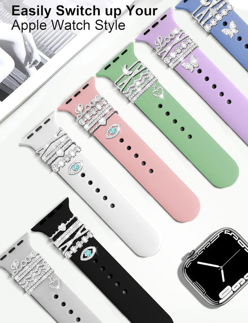 JR.DM 11-Pcs Super Bling Watch Charms with 9-Pcs Decorative Rings Loops 2-Pcs Decoration, Compatible with Apple Watch Band Metal Diamond Sliding A...