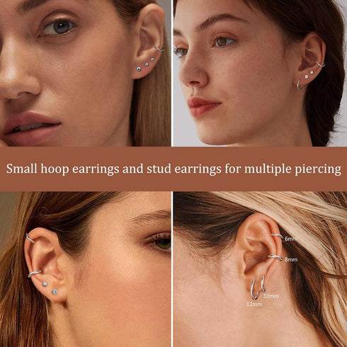 10 Pairs Surgical Steel Earrings Sets for Multiple Piercing, Lightweight Small Huggie Hoop Earrings, Flat Back Tiny Ball CZ Stud Earrings for Cart...