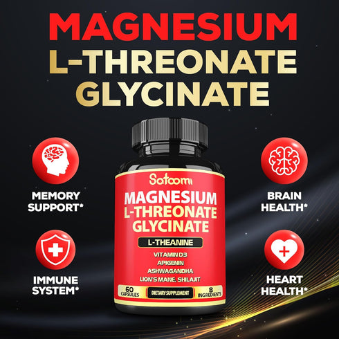 Satoomi 8in1 Magnesium L-Threonate and Glycinate - Plus Ashwagandha, Lions Mane Vitamin D3 and More - Supports Brain Health & Memory - 60 Count...