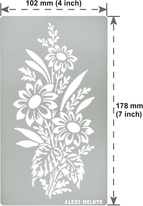 Aleks Melnyk No.273 Metal Stencil, Sunflower in a bouquet with wildflowers, Leaf Blossom, Small Stencil, 1 PC, Template for Wood Burning, Engravin...