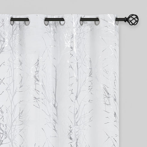 FMFUNCTEX Linen Semi Sheer Curtains for Living Room & Bedroom, Silver Metallic Print White Tree Panel, Light Filtering 84" Long Grommet Top 2 Pane...
