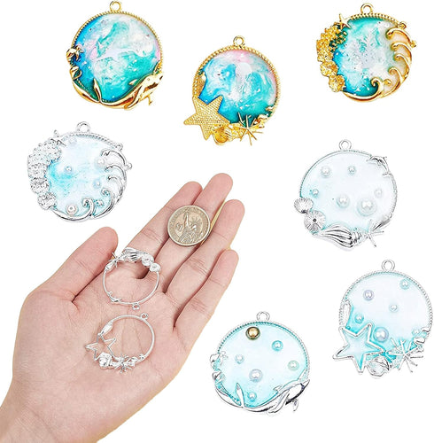 Allazone 35 PCS Open Bezel Charms, 28 PCS Sea Theme Open Bezels for Resin 7 Style Alloy Frame Pendants 2 Color Hollow Resin Frames with Necklace f...