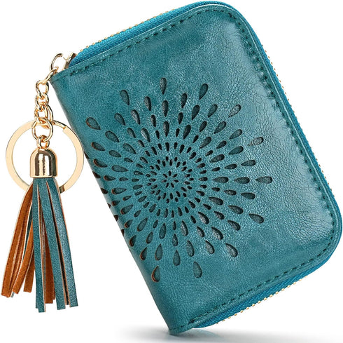 APHISON RFID Credit Card Holder Zipper Card Case Keychain Small Wallet for Women 1927 PEACOCK-BLUE...