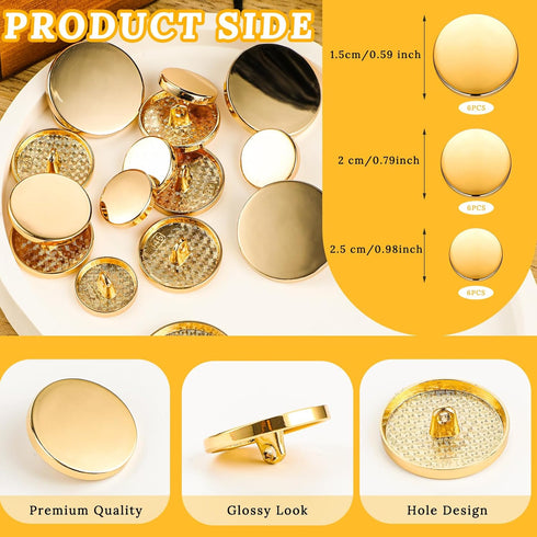 18pcs Metal Flat Button Gold Buttons for Blazers Golden Coat Buttons Round Shaped Sewing Button for Suit Coat Shirt Jackets Craft 15mm 20mm 25mm...