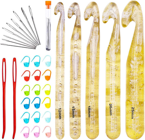 Mayboos 37 Pcs Huge Crochet Hook Set,9 Pieces Large Eye Blunt Needles,12mm-25mm Large Size Yarn Crochet Hooks Needles with 20 Stitch Markers and 2...