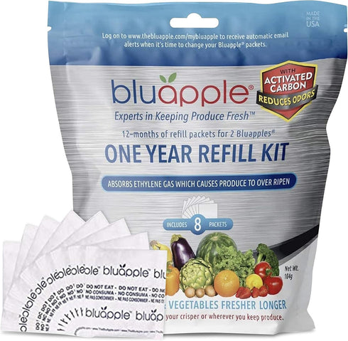 Bluapple Produce Saver Ethylene Gas Absorber 1 Year Refill Kit with Activated Carbon - 8 Packets (9 Grams Classic + 4 Grams of Carbon Each) - Keep...