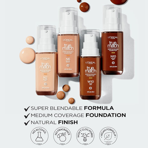 L'Oreal Paris True Match Super-Blendable Foundation, Medium Coverage Liquid Foundation Makeup, C2, Light, 1 Fl Oz...