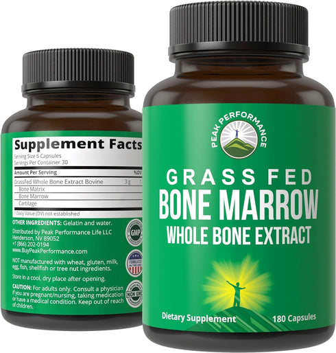 Peak Performance Grass Fed Bone Marrow - Whole Bone Extract Supplement 180 Capsules Superfood Pills Rich in Collagen, Vitamins, and Amino Acids. f...