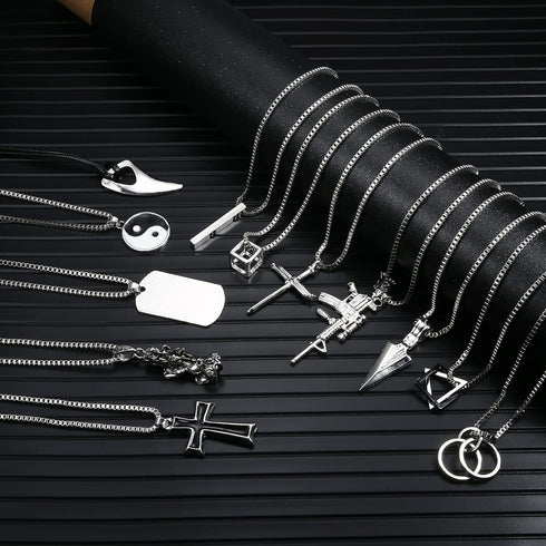 FIASASO 12Pcs Stainless Steel Pendant Necklace for Men Cool Goth Necklace Funky Gothic Cross Dog Tag Yin Yang Triangle Pendant Chain Necklace Set ...