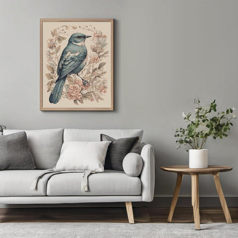 Posterizer 1 pcs- Blue bird in the middle of pink flowers-Art for Animal Lovers-Floral Botanical Art- Gift for Men Women -decor for Bedroom, Offic...