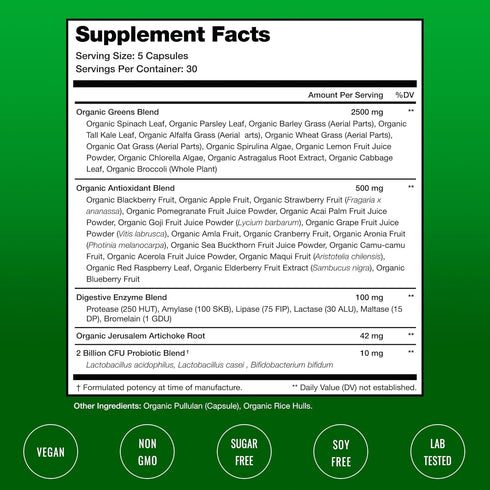 Organic Super Greens Capsules - 40+ Superfoods & Greens Supplements Capsules - Alfalfa, Spirulina, Chlorella & More - Antioxidant, Digestive Enzym...