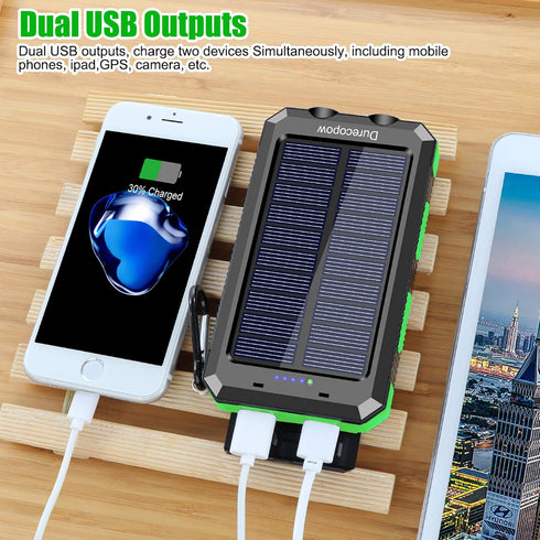 Solar Charger, 20000mAh Portable Outdoor Waterproof Solar Power Bank, Camping External Backup Battery Pack Dual 5V USB Ports Output, 2 Led Light F...
