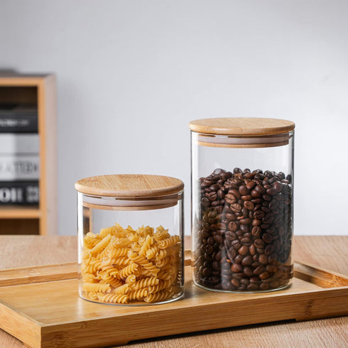 MOLFUJ 960 ML / 32 FL Oz Glass Storage Container with Wood Lid, Stackable Clear Decorative Organizer Bottle Canister Pantry Jar with Air Tight Woo...