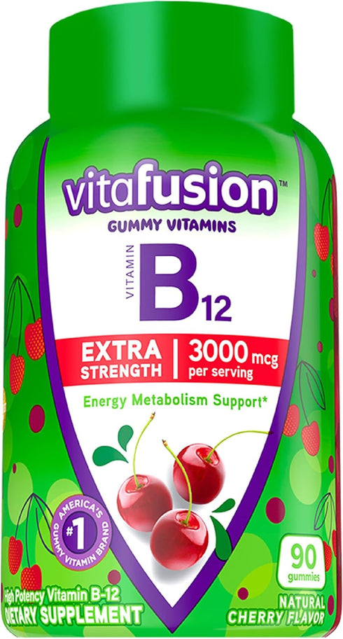 Vitafusion Extra Strength Vitamin B12 Gummy Vitamins for Energy Metabolism Support and Nervous System Health Support, Cherry Flavored, America’s N...
