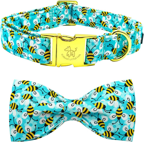 Elegant little tail Dog Collar, Blue Bees Print Dog Collar with Bow Tie Summer Dog Collar Pet Collar Boy Girl Cute Bowtie Collar Dog for Small Med...