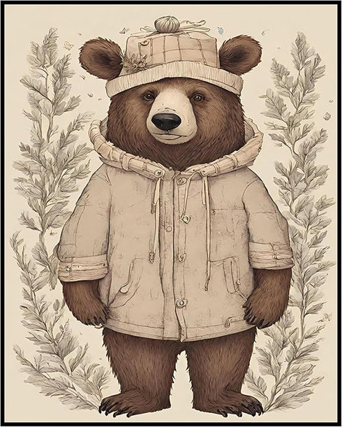 Posterizer 1 pcs- Cute bear with white clothes and hat-Kids Room Art-Art for Animal Lovers-Gift for Daughter, Son, Kids-Living Room Bedroom Decor-...