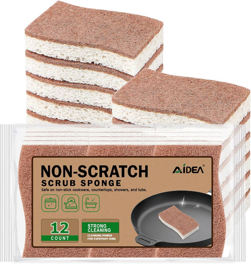 AIDEA Non-Scratch Scrub Sponge-12Count, Natural Sponges for Non-Stick Cookware, Sponges Kitchen, Cellulose Sponges for Dishes, Cleaning Sponge for...