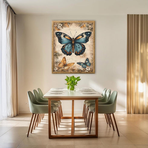 Posterizer 1 pcs- Three blue and yellow butterflies on wild flowers-Art for Animal Lovers-Floral Botanical Art- Gift for Men Women Teens-Living R...