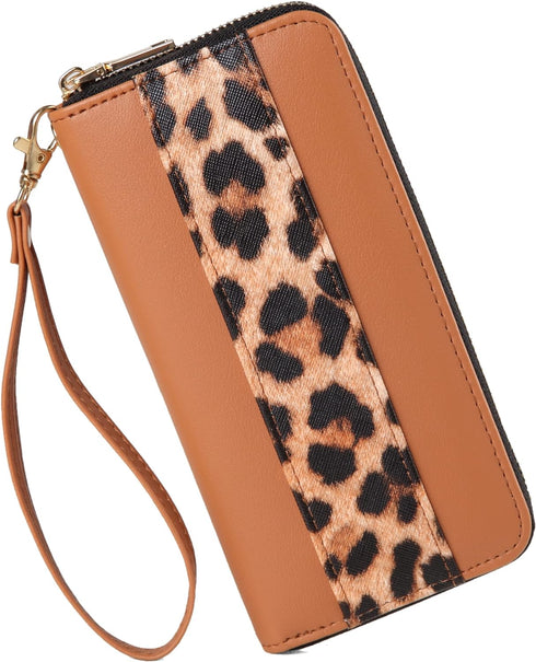 Leopard Print Wallet For Women Cheetah Wristlet Purse Zip Around Card Holder (Leopard&brown)...