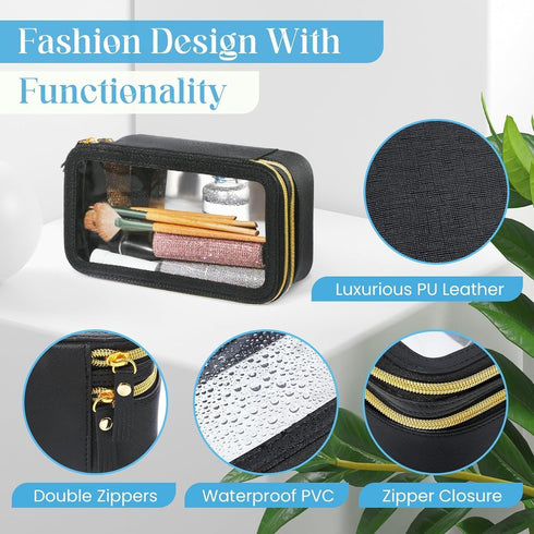 Clear Makeup Bag, Double Layer Cosmetic Bag with Zipper, Portable Make Up Case with Compartments, Travel Toiletry Makeup Bags Organizer for Women ...