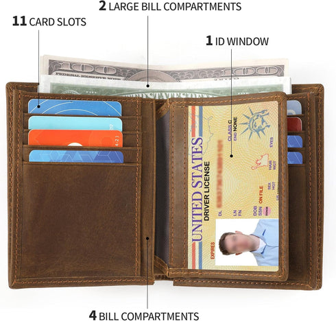 Ringsun Full Grain Leather RFID Blocking Bifold Wallet for Men with ID Window Slim Wallet with 11 Card Slots...