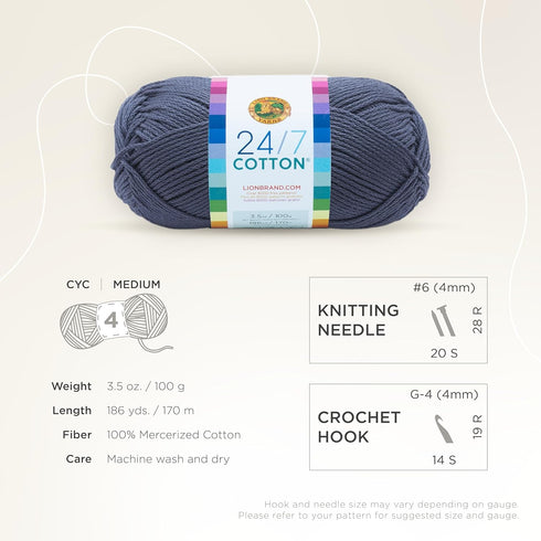 Lion Brand Yarn (1 Skein) 24/7 Cotton® Yarn, Denim, 558 Foot (Pack of 1)......