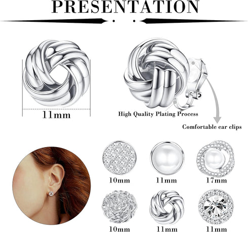 HAIAISO 6 Pairs Clip On Earrings Cubic Zirconia Pearl Knot Twist Clip On Earrings Non Pierced for Women Clip Earrings Set...