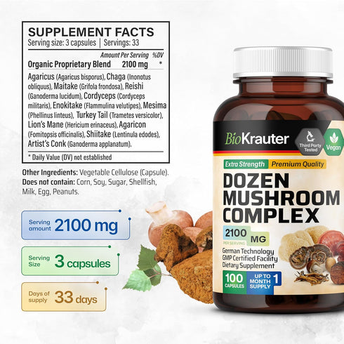 BIO KRAUTER Dozen Mushroom Complex Capsules 2100 mg Blend - 100 Vegan Caps - 12 Extracts in One Mushroom Supplement for Immune Support - Lions Man...