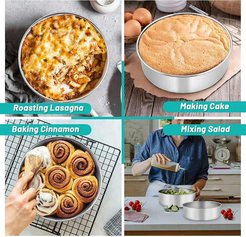 TeamFar Round Cake Pan, 8’’ x 3’’ Stainless Steel Deep Baking Roasting Cake Pan for Birthday Party Wedding, Non-Toxic & Heavy Duty, Deep & Straigh...
