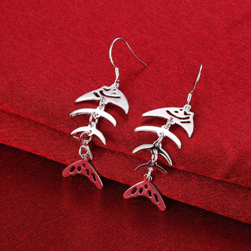 Sterling Silver Plated Earrings Drop Dangle Fish Hook Fish Bones .68" L383...