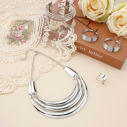 JOERICA Bib Choker Necklace Silver Gold Jewelry Set Wide Cuff Bangle Bracelet Open Hoop Earrings Adjustable Ring Chunky Silver Gold Statement Cost...