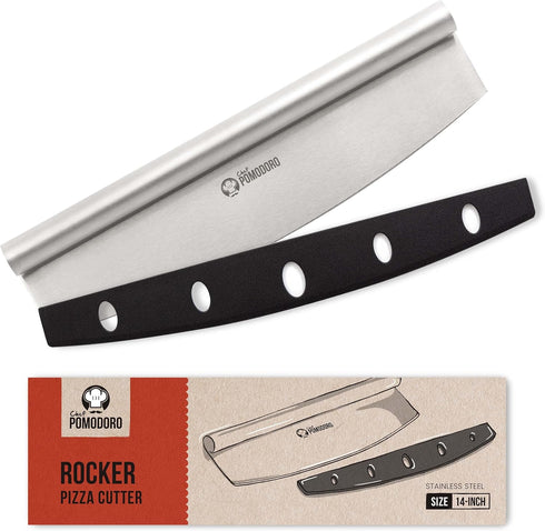 Chef Pomodoro Pizza Cutter Rocker Knife with Protective Cover, Multipurpose 14 Inch Mezzaluna Chopper with Super Sharp Stainless Steel Blade, Blad...