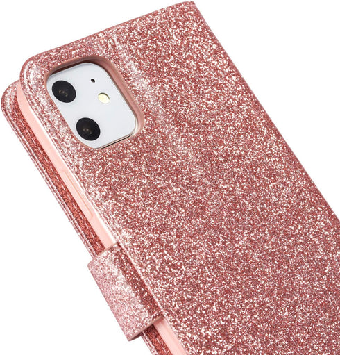QLTYPRI for iPhone 11 Case Wallet Case Bling Shiny Glitter Flip Folio Case Full-Body Protective Cover Card Slots Magnetic Closure Kickstand Wrist ...