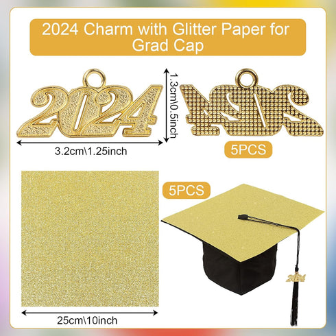 TKNOUS 10Pcs DIY Grad Cap Decorations - Gold Glitter Heavyweight Premium Construction Paper with Gold 2024 Graduation Charm for Graduation Cap Tas...