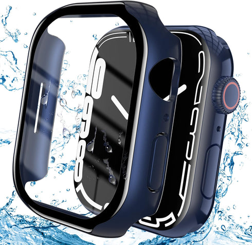 YMHML Waterproof Blue Case Compatible for Apple Watch Series 8/7 45mm with Tempered Glass Screen Protector, Hard PC Full Touch Sensitive Protectiv...