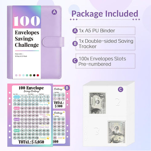 Sooez 100 Envelopes Money Saving Challenge, Savings Challenges Book with Envelopes, Flexible Saving $5050, 2600, 300, Savings Binder with 100 Pock...