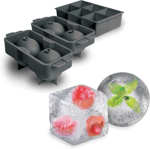 Tovolo Ice Cube Trays & Sphere Molds Easy Release Silicone 6 Large Cubes & 2 Spheres for Whiskey Cocktails and Beverages, Charcoal Gray...