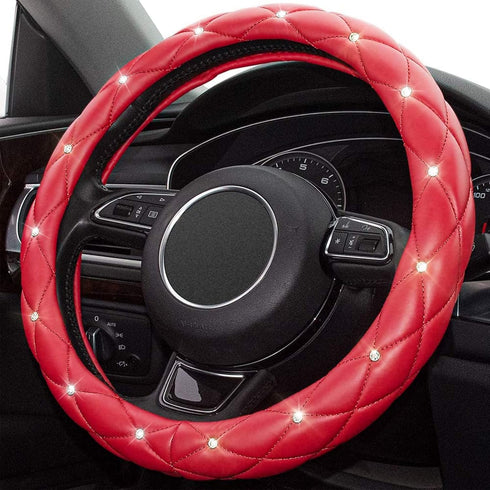 Xizopucy Red Steering Wheel Cover, Leather Car Steering Wheel Cover, Crystal Rhinestones Anti-Slip Soft Accessories for Women and Girl Universal F...