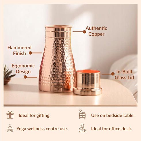 Indian Art Villa Pure Copper Bedroom Water Bottle With Inbuilt Glass & Hammered Shine Design, Drinkware, Storage Purpose, Volume-32 Oz...