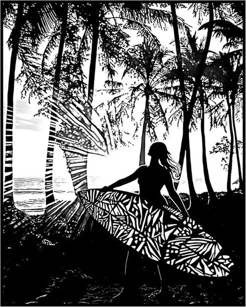 Posterizer 1 pcs-black and white art-woman at the beach with surfboard 3-Coastal & Nautical Art Gift for Nature, Surfers and Beach Lovers - unfra...