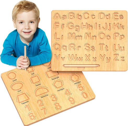 LOOIKOOS Wooden Letters Practicing Board, Double-Sided Alphabet Tracing Tool Learning to Write ABC Educational Toy Game Fine Motor Skill Developme...